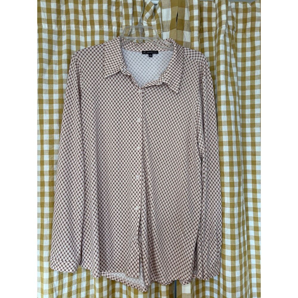 Adrianna Papell Brown Checkerd Gingham button down shirt- Women